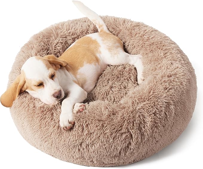 Calming Dog Bed for Small Dogs - Donut Washable Small Puppy Bed, 23 inches Anti-Slip Round Fluffy Plush Faux Fur Large Cat Bed, Fits up to 25 lbs Pets, Camel